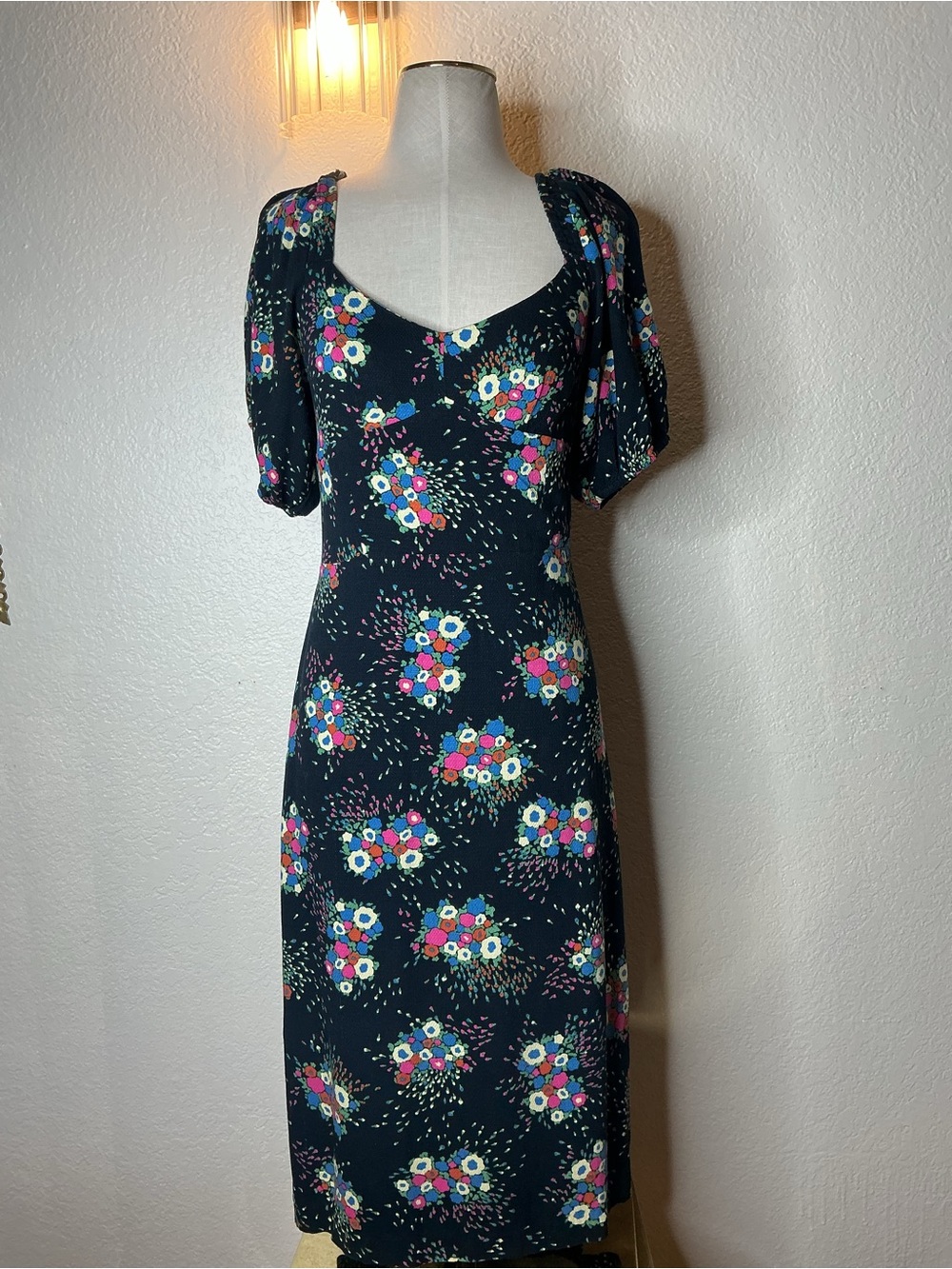 Anthropologie Black Floral Puff-Sleeve Midi Dress